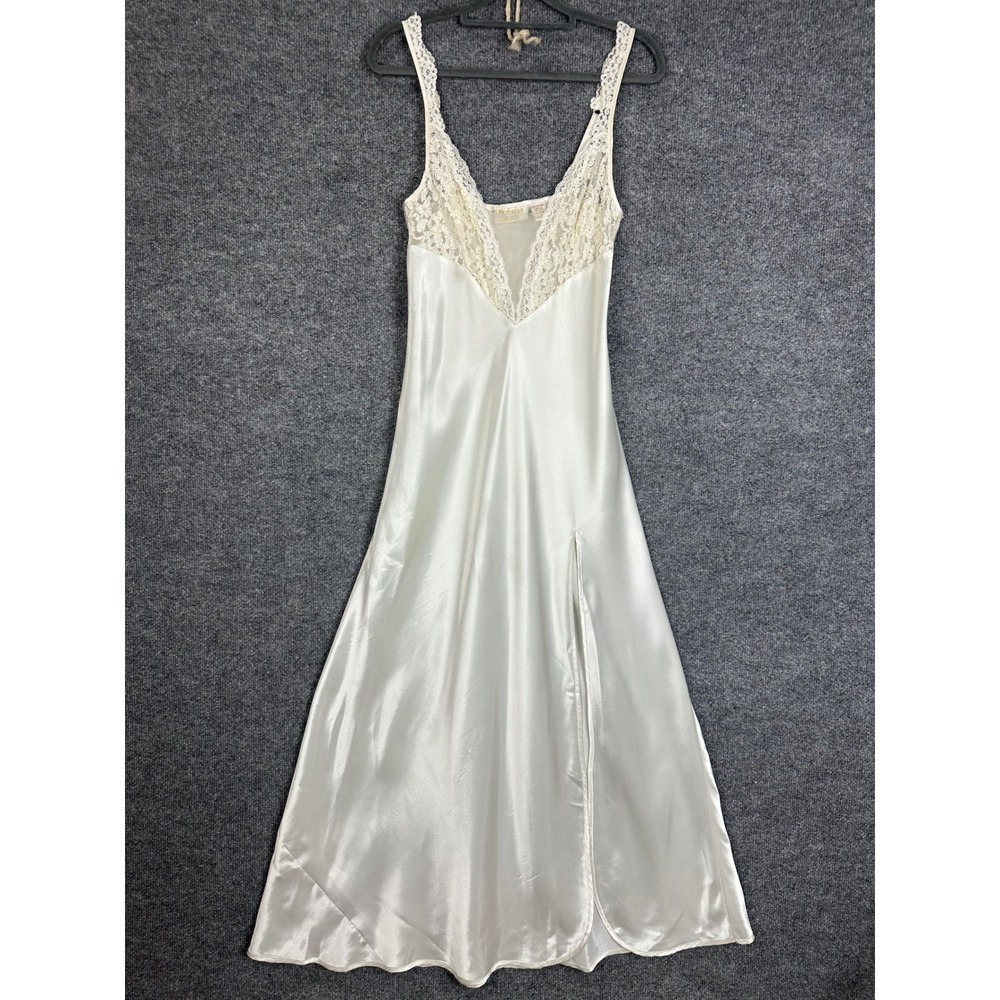 Vintage Victoria's Secret Nightgown gold tag S Ivory Lace Trim Satin Maxi Slip